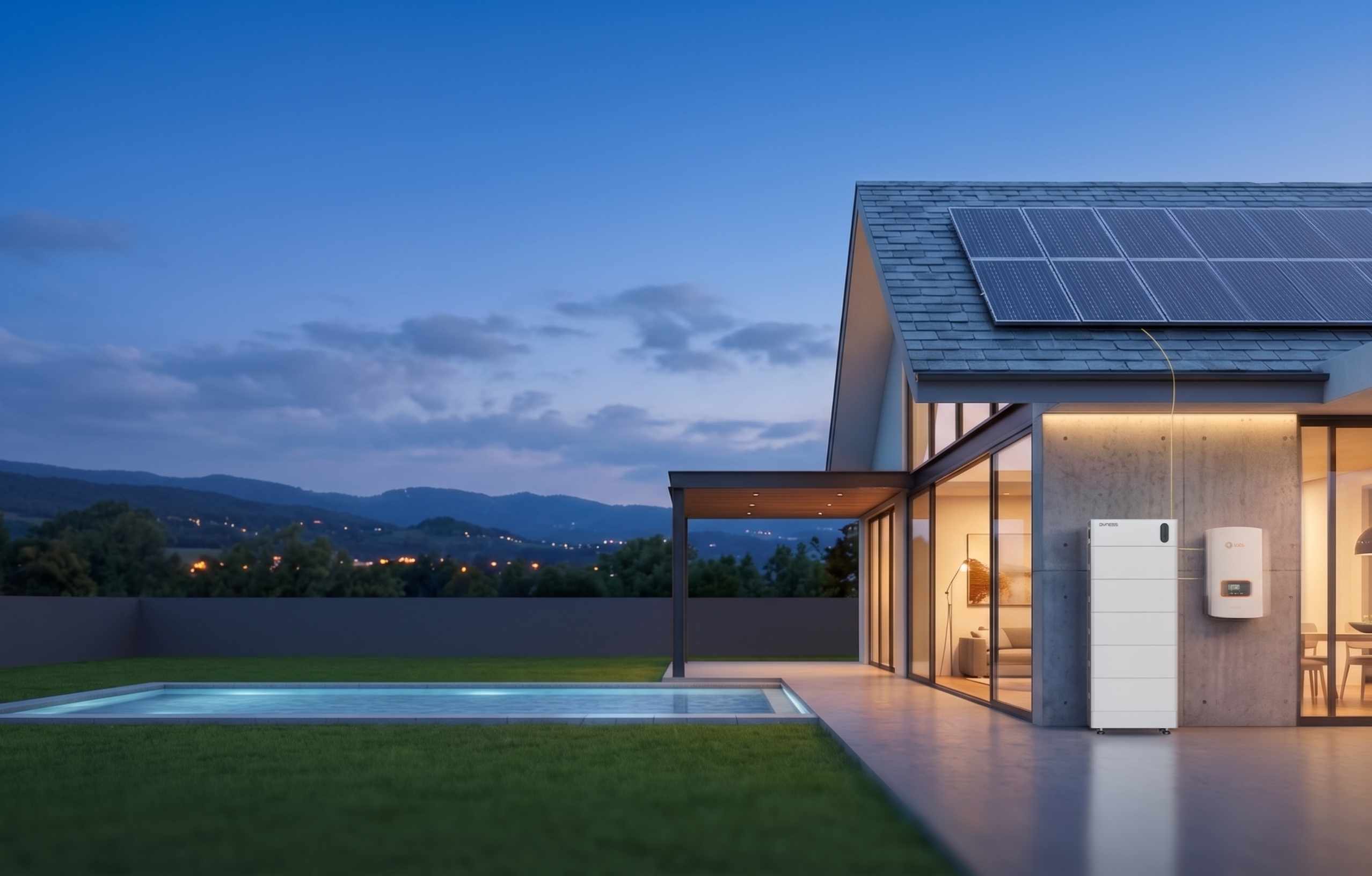 Havuzlu villa bahçesinde Dyness enerji depolama sistemi ve Solis inverter kurulumu
